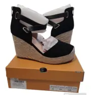 PiePieBuy Women’s Wedge Espadrille Ankle Strap Closed Cap Toe Black Platform 9.5