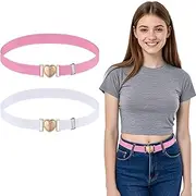 [EupHHonycs] 2 PCS Girls Belt, Heart Shaped Belt Buckle, Little Belts for Waist Size 15-28", Elastic Stretch Belts for Dress Jeans(White Pink), White, Pink