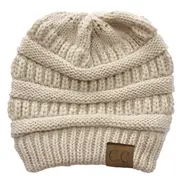 Nevenka Soft Stretch Cable Knit Hat Ponytail Beanie Winter Hat For Women-Beige