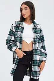 Green Check Long Print Jacket Long Sleeves - Size 14, Women's Shirt