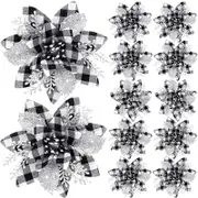 Catzon 12 Pcs Poinsettia Flowers Ornaments Glitter Artificial Flowers with Clips for Xmas Party Wreath Garland Decoration-BlackWhite