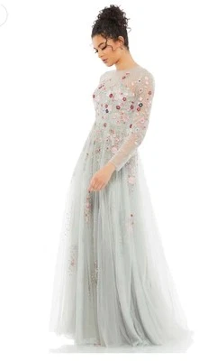 Mac Duggal Gown Embroidered Floral Long Sleeve A Line 12 NWT Platinum 11241