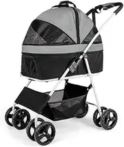 3-in-1 Dog/Cat/Pet Stroller, Travel Carrier/Car Seat/Stroller with Detach Carrier, Foldable 4-Wheel Dog Pram Stroller Buggy with Large Capacity Net Bag(Dark Gray)