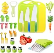 Kids Knife Set for Real Cooking Toddler Kitchen Tools Include 3 Serrated Edges Plastic Safe Knives,Crinkle Cutter Y Peeler Cutting Boards Wood Kids Knife, Fruit Forks and Dough Cutters