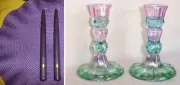 NEW PARTYLITE 4 PC MARDI GRAS CANDLE STICKS & AMETHYST PURPLE 10" TAPER CANDLES