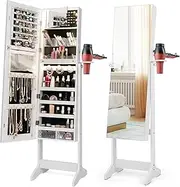 Giantex Freestanding Jewelry Cabinet Armoire, Lockable Jewelry Organizer w/ 3-Color LED Lights, Inside Makeup Mirror, Hairdryer Mount & Large Capacity, Full Length Mirror with Jewelry Storage