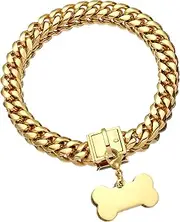 sokpet Gold Dog Chain Collar with Dog ID Tag 18K Metal Stainles Steel Cuban Link Chain Strong Heavy Duty Chew Proof Walking Training Choker Collar (15MM, 16")