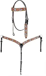 CHALLENGER Horse Western Floral Tooled Gold Laced Bridle & Breast Collar Tack Set 78HR80B