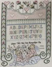 Vintage Finished Cross Stitch Sampler "Remember Me" with Angels and Alphabet