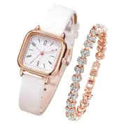 2 Piece Fashion Watch Bracelet Set Square Design Leather Strap Quartz Movement