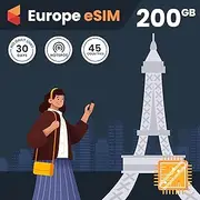 Europe & UK Travel eSim Card - Big 200GB Data. 30 Days. No Daily Limit. Use in 45 Countries. Easy Activation. Data Only International Travel eSIM Card for eSim Compatible Mobile Phone, Ipads, Tablets