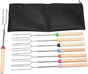 Outdoor Camping Bonfire BBQ Tool Set, 8Pcs Colourful Stainless Steel Skewers with Wooden Handle & Bag, Smores Kit for Open Fire Pit, BBQ Hot Dog Campfire Pies