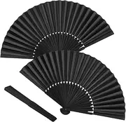 Minelife Tkocisa 2 Pack Bamboo Silk Folding Fan Handheld, Chinese Vintage Retro Fabric Fans, Black Hand Fan for Performance, Dance, Fighting, Wedding, Church, Party & Gift