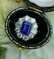 3Ct Lab Created Emerald Cut Blue Sapphire Art Deco Ring 925 Sterling Silver