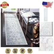 Durable Power-Loomed 2' x 14' Light Grey/Blue Runner Rug - Oriental Floral Style