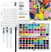 100 Colors Watercolor Paint Set - 50 Regular, 35 Metallic, 10 Macaron and 5 Fluorescent Colors - Portable with Carrying Case, Water Brush Pens, and Accessories - For Beginners and Professionals