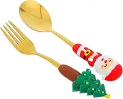 SHOWERORO 1 Set Christmas Themed PVC Handle Fork and Spoon Set Stainless Steel Dessert Spoons and Cute Forks for Tea Party and Holiday Celebrations Present Ready Packaging