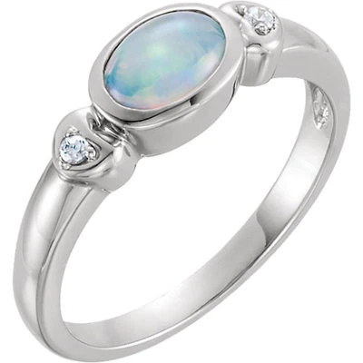 14k White Gold Genuine Australian Opal Oval Cabochon and Genuine Diamond Ring