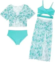 [AIEOE] Set of 4 Tie-Dye Swimsuit Girls Kids Bikini Sun Protection Set Swimsuit with Skirt 8-12 Years