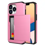 ZUSLAB Slide Armor Card Holder Case for iPhone 13 Mini 5.4" Protective Shockproof Hard Back Cover for Apple - Pink