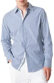 rag & bone Patrick Stripe Stretch Poplin Button-Up Shirt in Blue Cat at Nordstrom, Size X-Large