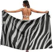 [XYMZR] Women's Sarong Swimsuit Coverups Zebra Fur Grey Chiffon Bikini Wraps Skirt with Tassels L