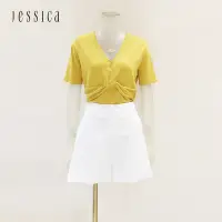 在飛比找Yahoo奇摩購物中心優惠-JESSICA - 時尚百搭柔軟親膚扭結V領短袖針織衫（黃）