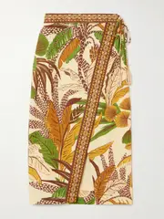 [Farm Rio] Farm Rio - Tasseled Printed Linen-blend Wrap Midi Skirt - Beige - small small Neutrals