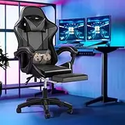 Oikiture Home Gaming Chair Executive Computer Desk Chair with Footrest and Lumbar Pillow Massage Office Chair Black and Grey