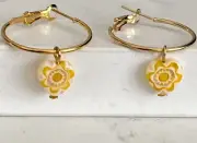 Gold Lever Back Hoops and Yellow Millefiori Glass Heart Flower Dangle Earrings.