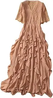 [Jegsnoe] Women Ruffles Patchwork Lace Long Dress Summer Short Sleeve Evening Party Prom Elegant Dresses
