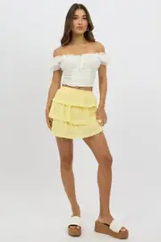 Yellow Mini Skirt Elastic Waist Layered Broidery Eyelet - Size 16XL, Women's Mini Skirt