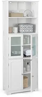 Giantex Freestanding Bathroom Storage Cabinet, Kitchen Pantry Cupboard with Glass Doors, Open Storage Shelves & 3-level Adjustable Shelves, Tall Storage Buffet Sideboard for Living Room Kitchen, White