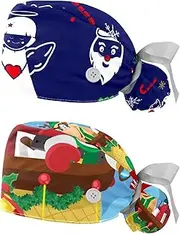 [WOSHJIUK] Working Hat 2 Pack Scrub Caps for Women,Deer Snowflake Angle Christmas,Tie Back Cap Adjustable Scrub Hat