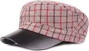 JUNMIN Women's Leather Brim Flat Top Hat Plaid Cloth Men's Navy Hat Retro Flat Top Hat in Autumn and Winter (Color : Khaki, Size : Adjustable)