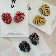 MEGA STUD EARRINGS - Acrylic - Monstera Leaf - Glitter Bamboo - You Choose