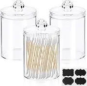 Rustark 3Pcs Qtip Holder Dispenser 10oz Clear Plastic Bathroom Canisters with Lid Qtip Storage Jar Container for Cotton Ball, Cotton Swab, Cotton Round Pads, Floss Picks