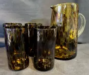 Hand-Blown Recycle Glass Tortoise Shell Pitcher w/Four Prem High-Quality Glasses