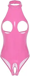 [Sinleey] Women's Sleeveless Open Breast Cups Latex Catsuit Wetlook Lingerie Bust-Free Nightwear Teddy