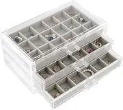 [Marjoramy] Jewelry Box for Women, Clear Acrylic Earrings Jewellery Storage Organiser for Rings Earrings Necklaces, 3 Tier 54 Small Compartments Stackable Jewelry Tray Earring Display Case, Women's Gift