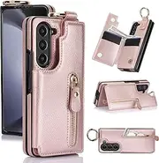 [XIMAND] for Samsung Galaxy Z Fold 5 Wallet Case with Zipper and Credit Card Holder, Cash Slot, Premium Leather Magnetic Clasp Kickstand Heavy Duty Ring Protective Cover.(Rosegold)