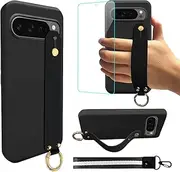 for Google Pixel 9 Pro XL Phone Case, Wrist Strap Hand Holder Bracelet Case with Tempered Glass Screen Protector Wristband Stand Protective Cover Case for Google Pixel 9 Pro XL 2024 5G - Black
