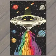 POSTCARD Alien Spaceship UFO Rainbow Smoke Cartoon Style Colorful Stars Moon
