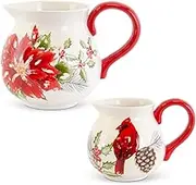 K&K Interiors 54388I Set of 2 Ceramic Cardinal/Poinsettia Pitchers w Handle, Red and White