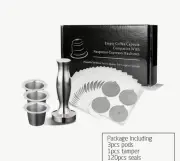 3 Reusable Coffee Pods with 120 Foil Seal Stickers And A Temper
