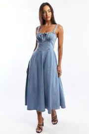 Blue Midi Dress Gathered Bust - Size 16XL, Women's Midi Dress