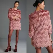 Anthropologie Hutch Fringed Chevron Mini Shift Dress Pink XS Petite Holiday