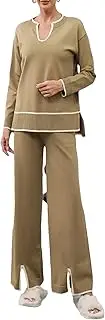[Generic] Women Winter Long Sleeve Knit Sweater Set Split Wide Leg Pants Two Pieces Set