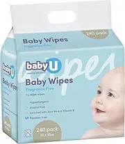 babyU Fragrance Free Baby Wipes | Hypoallergenic | Aloe Vera & Vitamin E | Paraben & Alcohol Free | 240pk