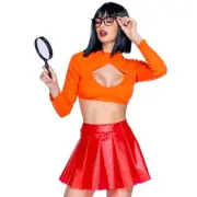 Velma Costume Long Sleeve Crop Top Vinyl Mini Skirt Glasses Set Scooby Doo 6346